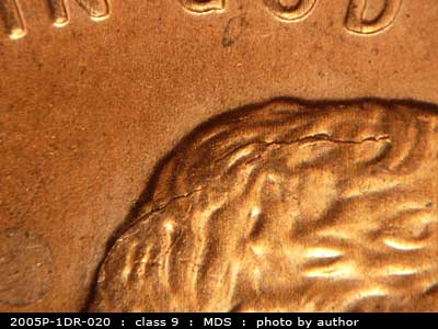 Die-stage B marker on 2005P•1DR•020 (2005 Doubled Die Reverse).