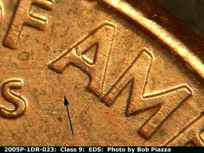 Die-stage A marker on 2005P•1DR•023 (2005 Doubled Die Reverse).