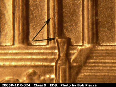 Die-stage A marker on 2005P•1DR•024 (2005 Doubled Die Reverse).