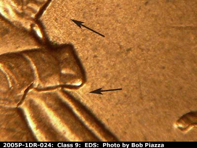 Die-stage A marker on 2005P•1DR•024 (2005 Doubled Die Reverse).