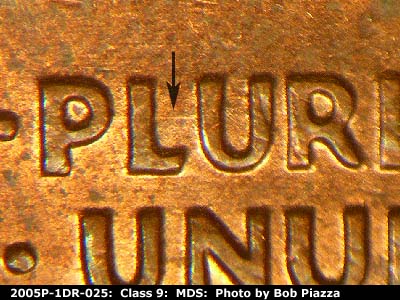 Die-stage B marker on 2005P•1DR•025 (2005 Doubled Die Reverse).