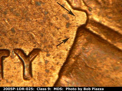 Die-stage B marker on 2005P•1DR•025 (2005 Doubled Die Reverse).