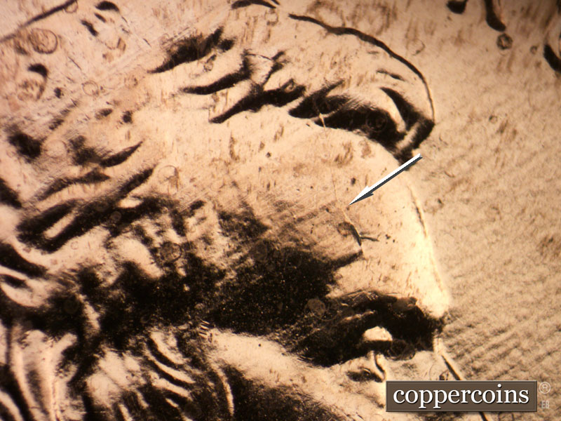 Die-stage B marker on 2005P•1DR•038 (2005 Doubled Die Reverse).