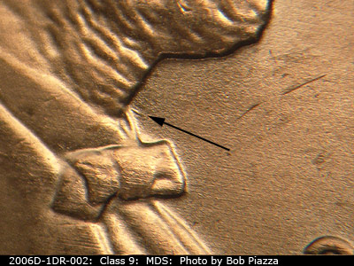 Die-stage B marker on 2006D•1DR•002 (2006 Doubled Die Reverse).