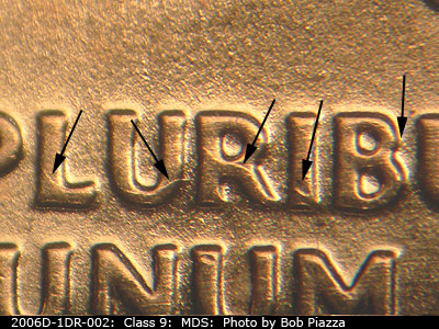 Die-stage B marker on 2006D•1DR•002 (2006 Doubled Die Reverse).