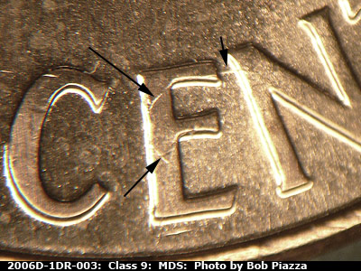 Die-stage B marker on 2006D•1DR•003 (2006 Doubled Die Reverse).