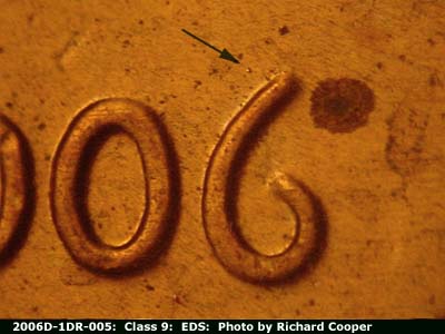 Die-stage A marker on 2006D•1DR•005 (2006 Doubled Die Reverse).