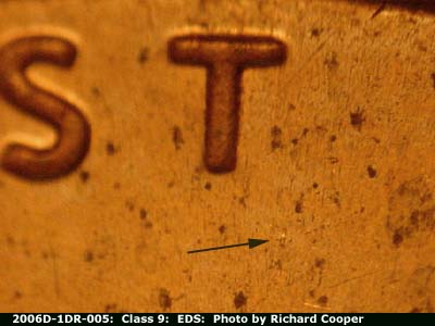 Die-stage A marker on 2006D•1DR•005 (2006 Doubled Die Reverse).