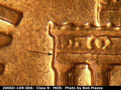 Die-stage B marker on 2006D•1DR•006 (2006 Doubled Die Reverse).