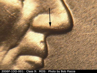 Die-stage B marker on 2006P•1DO•001 (2006 Doubled Die Obverse).