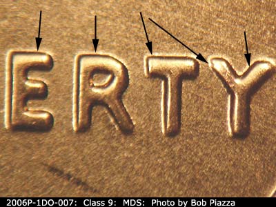 Die-stage B marker on 2006P•1DO•007 (2006 Doubled Die Obverse).