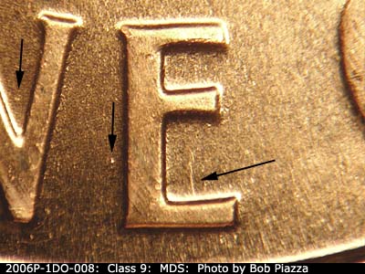 Die-stage B marker on 2006P•1DO•008 (2006 Doubled Die Obverse).