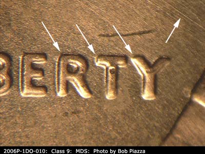 Die-stage B marker on 2006P•1DO•010 (2006 Doubled Die Obverse).
