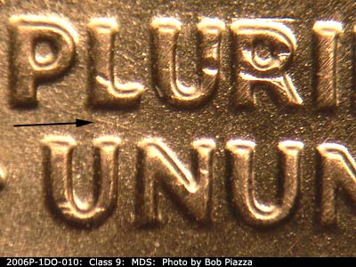 Die-stage B marker on 2006P•1DO•010 (2006 Doubled Die Obverse).
