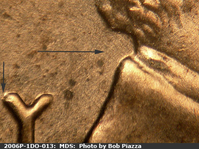 Die-stage B marker on 2006P•1DO•013 (2006 Doubled Die Obverse).