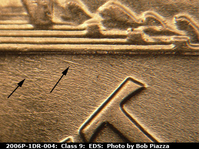 Die-stage A marker on 2006P•1DR•004 (2006 Doubled Die Reverse).