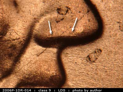 Die-stage C marker on 2006P•1DR•014 (2006 Doubled Die Reverse).