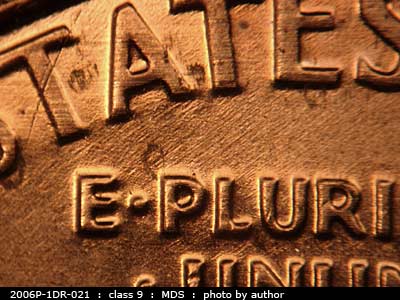 Die-stage B marker on 2006P•1DR•021 (2006 Doubled Die Reverse).