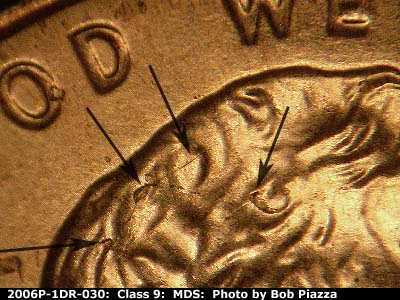 Die-stage B marker on 2006P•1DR•030 (2006 Doubled Die Reverse).