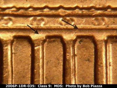 Die-stage B marker on 2006P•1DR•035 (2006 Doubled Die Reverse).