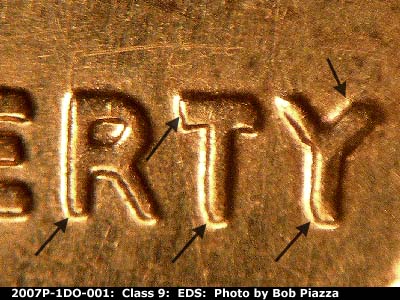 Die-stage A marker on 2007P•1DO•001 (2007 Doubled Die Obverse).