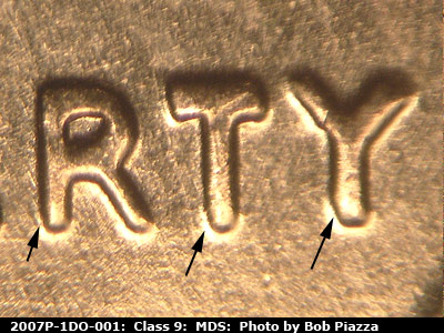 Die-stage B marker on 2007P•1DO•001 (2007 Doubled Die Obverse).