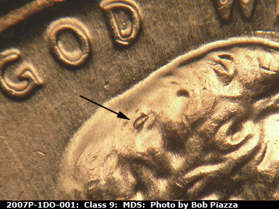 Die-stage B marker on 2007P•1DO•001 (2007 Doubled Die Obverse).