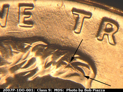 Die-stage B marker on 2007P•1DO•001 (2007 Doubled Die Obverse).