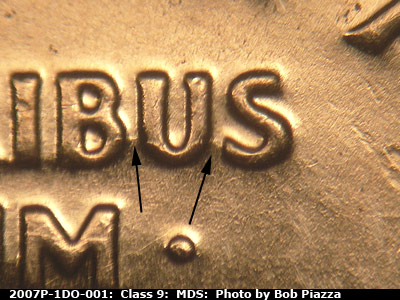 Die-stage B marker on 2007P•1DO•001 (2007 Doubled Die Obverse).