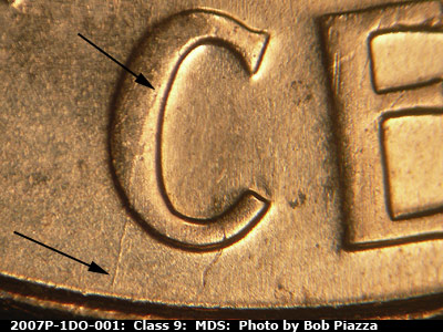 Die-stage B marker on 2007P•1DO•001 (2007 Doubled Die Obverse).