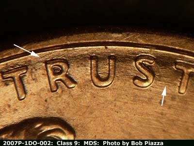 Die-stage B marker on 2007P•1DO•002 (2007 Doubled Die Obverse).