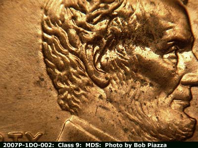 Die-stage B marker on 2007P•1DO•002 (2007 Doubled Die Obverse).