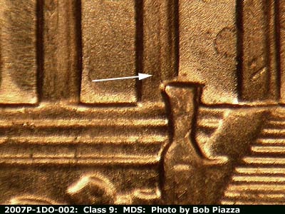 Die-stage B marker on 2007P•1DO•002 (2007 Doubled Die Obverse).