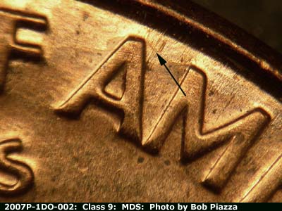 Die-stage B marker on 2007P•1DO•002 (2007 Doubled Die Obverse).