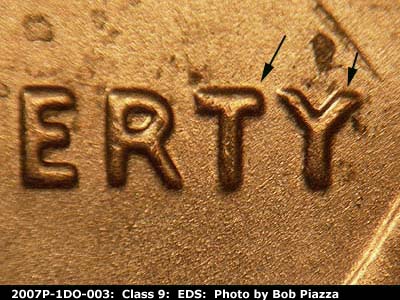 Die-stage A marker on 2007P•1DO•003 (2007 Doubled Die Obverse).
