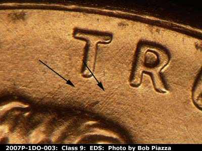 Die-stage A marker on 2007P•1DO•003 (2007 Doubled Die Obverse).
