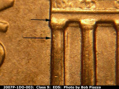 Die-stage A marker on 2007P•1DO•003 (2007 Doubled Die Obverse).