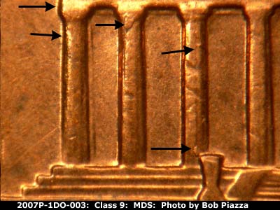Die-stage B marker on 2007P•1DO•003 (2007 Doubled Die Obverse).