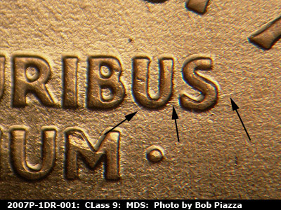 Die-stage B marker on 2007P•1DR•001 (2007 Doubled Die Reverse).