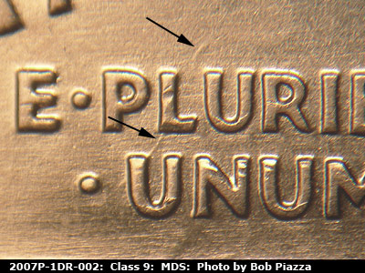 Die-stage B marker on 2007P•1DR•002 (2007 Doubled Die Reverse).
