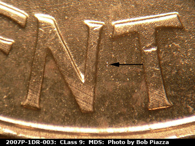 Die-stage B marker on 2007P•1DR•003 (2007 Doubled Die Reverse).