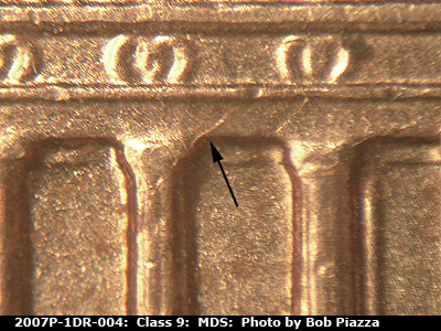 Die-stage B marker on 2007P•1DR•004 (2007 Doubled Die Reverse).
