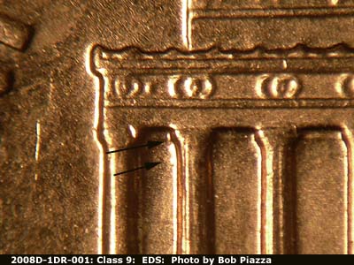 Die-stage A marker on 2008D•1DR•001 (2008 Doubled Die Reverse).