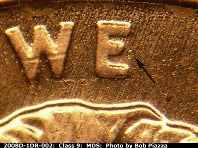 Die-stage B marker on 2008D•1DR•002 (2008 Doubled Die Reverse).