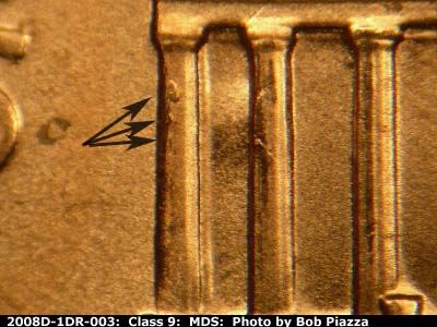 Die-stage B marker on 2008D•1DR•003 (2008 Doubled Die Reverse).