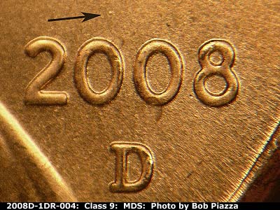 Die-stage B marker on 2008D•1DR•004 (2008 Doubled Die Reverse).