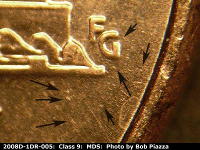 Die-stage B marker on 2008D•1DR•005 (2008 Doubled Die Reverse).