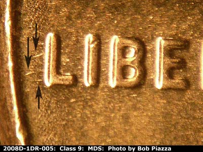 Die-stage B marker on 2008D•1DR•005 (2008 Doubled Die Reverse).