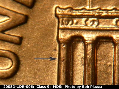 Die-stage B marker on 2008D•1DR•006 (2008 Doubled Die Reverse).