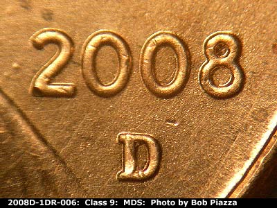 Die-stage B marker on 2008D•1DR•006 (2008 Doubled Die Reverse).